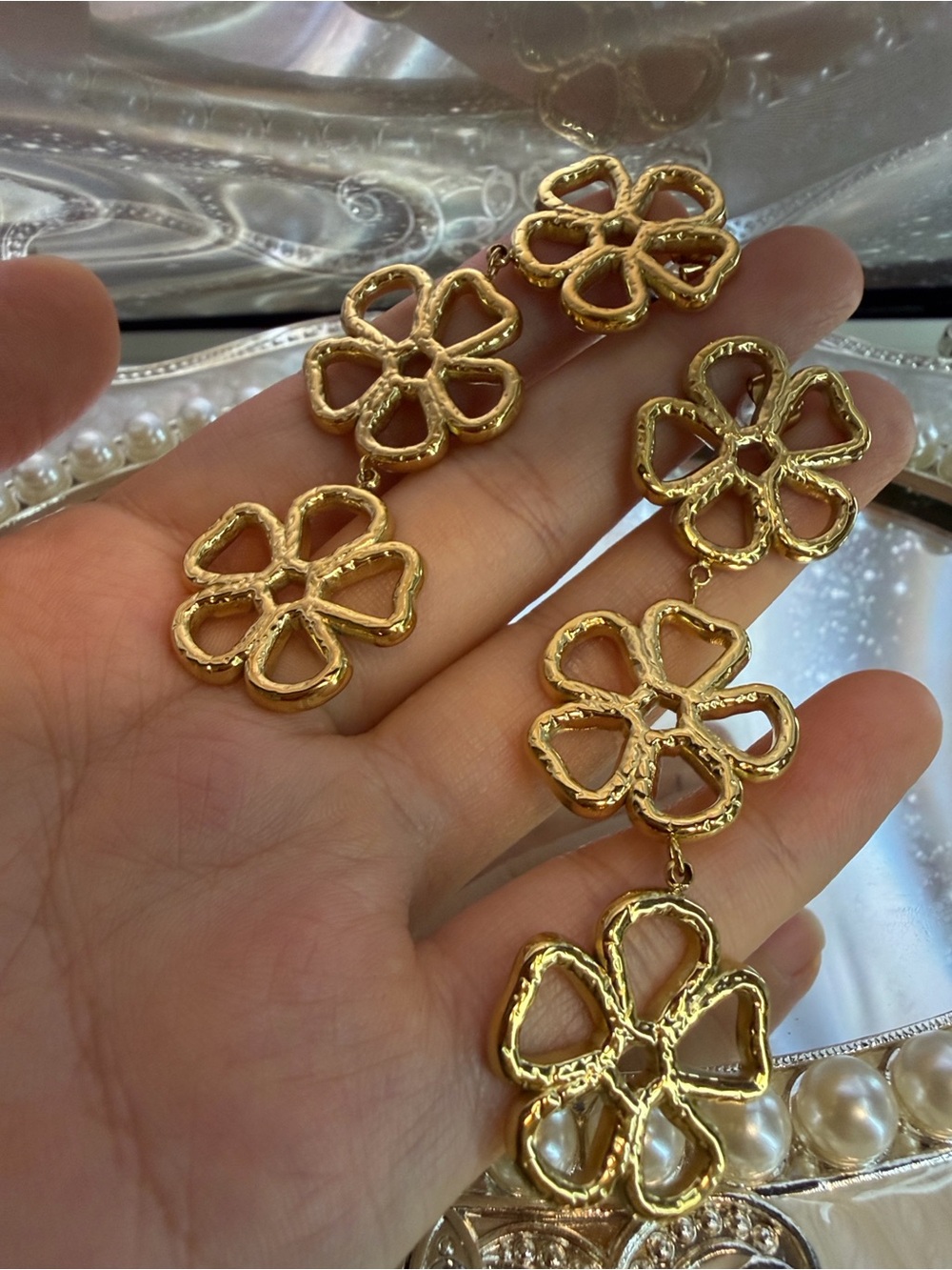 Kenneth Jay Lane Gold Floral Triple-Drop Earrings - Picture 14 of 15